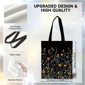 TEMU 2D 싱글 팩 핸드백, 정교한 플로럴 패턴 블랙 쇼핑백 - 컬러풀하고 부드러운 플로럴 테마, 우아한 스타일, 쇼핑, 장보기, 일상 사용에 적합한 패셔너블 쇼핑백