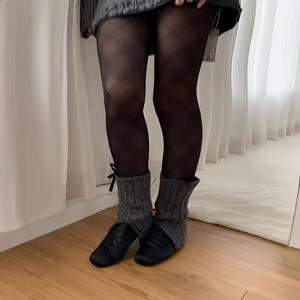 TEMU 여성용 플러스 사이즈 우아한 패턴 타이츠 - 하이웨이스트 나일론 리본 보우 디테일, 스트레치 컴포트 캐주얼 데코, 시크 캐주얼 액센트 | 클래식 블랙 타이츠 | 솔리드 텍스처 타이츠