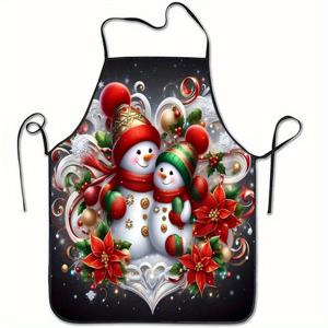 TEMU 1개 축제용 눈사람 크리스마스 앞치마 - 레드 모자와 그린 팬츠, 포인세티아 & 스월 디자인의 민소매 폴리에스터, 휴일 주방 베이킹 및 홈 데코, 크리스마스 장식, 여성용 주방 앞치마, 요리용 앞치마, 여성용 주방 앞치마