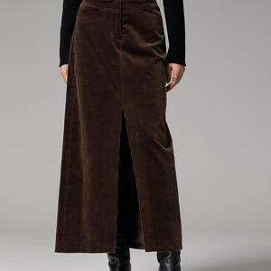 TEMU 여성용 우아한 미디 길이 H라인 코듀로이 스커트, 사이드 슬릿, 하이웨이스트 빈티지 코듀로이 스커트 (포켓, 탄성 허리 밴드), 솔리드 브라운 색상, 가을/겨울 출퇴근 및 캐주얼 웨어에 적합
