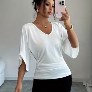 TEMU 여성용 V넥 삼분의 일 소매 티셔츠, 신상 가을 루즈핏 하이웨이스트 미드길이 다용도 배트윙 소매 탑