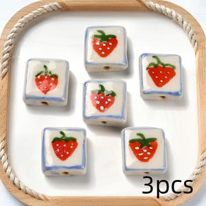 TEMU 핸드페인팅 딸기 프린트 사각 도자기 구슬 3개 세트 (베이스 및 블루 엣지 포함) - DIY 팔찌, 목걸이, 수제 주얼리 소재용