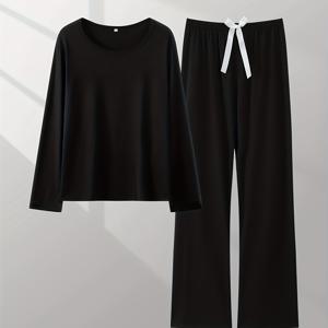 TEMU 여성용 겨울 파자마 세트 2pcs - 부드러운 긴팔 & 바지 잠옷, 리본 장식, 단색 코지 보온 나이트가운, 성인용 풀사이즈 매칭 라운지웨어, 세탁기 사용 가능 (가을/겨울) - 프라이버시 보호, 편리함