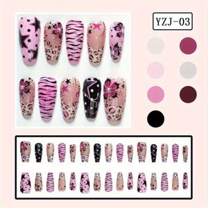 TEMU 24개입 발레 스타일 스타 & 프레스온 네일 - 핑크/블랙/로즈 레드 광택 중간 길이 기계 네일, 댄스, 파티, 웨딩용 손발 네일