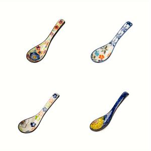 TEMU 4개 세라믹 스푼 세트, 대형 가정용 수프 스푼, 라면 스푼, 미소 스푼, 만두 스푼, 전통 수제 화분 디자인, 세라믹 커피 스쿱, 크리스마스, 할로윈, 부활절, 추수감사절을 위한 축제 분위기 테이블웨어