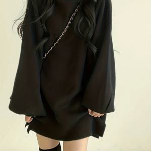 TEMU 고급스러운 하이 칼라와 분리된 밑단의 한국 스타일 솔리드 컬러 루즈 롱 스웨터, 부드럽고 푹신한 퍼프 소매