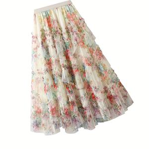 TEMU 여성용 비정형 컬러풀 플로럴 프린트 메쉬 스커트 프렌치 스타일 우아한 A라인 스커트