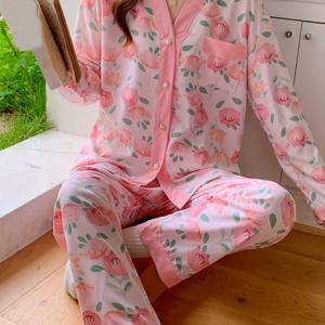 TEMU 봄/가을 스타일리시 스위트 핑크 장미 패턴 긴팔 성인용 라운지웨어 (전면 버튼), 여름 에어컨 방 잠옷, 긴팔 긴 바지, V넥 여성용 봄/가을 잠옷 세트