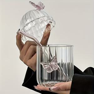 TEMU 뚜껑과 빨대가 있는 스타일리시한 핑크 나비 유리컵, 커피, 주스, 우유 등 음료에 재사용 가능