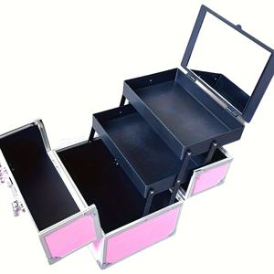 TEMU 핑크 & 블랙 메이크업 박스 with 미러 - 더블 레이어 접이식 메이크업 보관함, 매니큐어 및 타투용, 블랙 힌지 잠금 장치 및 부드러운 트레이 장착, 남녀 공용