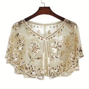 TEMU 새로운 시퀸 비즈 소형 코트, 연회 드레스, 메쉬 쇼울, 플로럴 패턴 가디건, 숏 케이프 클로크