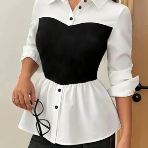 TEMU 컬러 블록 버튼 프런트 블라우스, 우아한 롱슬리브 러플 헴 펩럼 블라우스 (봄 & 가을), 여성 의류