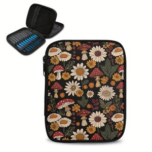 TEMU 꽃 데이지 버섯 프린트 크로셰 훅 케이스, 튼튼한 바늘 정리 가방, 뜨개질 바늘, 훅 및 액세서리를 위한 다중 칸, 휴대용 지퍼형 보관 파우치 (액세서리 포함되지 않음) - 1개 팩