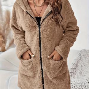 TEMU 플러스 사이즈, 겨울 우아한 솔리드 컬러 지퍼 패치 포켓 긴팔 플러시 후드 여성 코트