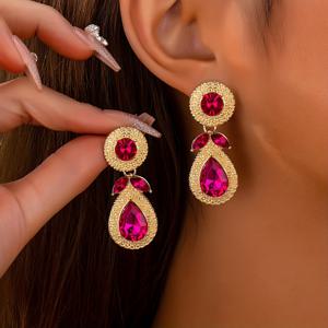 TEMU 우아한 18K 금도금 아연 합금 드롭 & 댕글 귀걸이 핑크 라인 스톤 - 섹시 스타일 철 귀바늘, 플라스틱 , 일상 및 파티 착용, 올 시즌 액세서리.