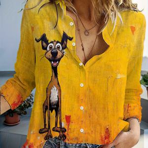 TEMU 여성용 봄/가을 캐주얼 칼라 버튼셔츠 - 3D 디지털 강아지 프린트 긴팔 블라우스, 아웃도어 & 캐주얼 복장, 세탁기 사용 가능 코디네이트 의상 (비-)