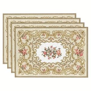 TEMU 4/6개 세트, 빈티지 스타일, 중동 플로럴 테마 린넨 플래스매트 - 축제 식사 및 주방 테이블 장식, 파티 장식, 방의 축제 분위기를 향상시키는 홈 데코에 적합