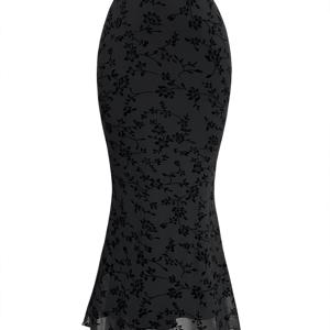 TEMU 여성용 올 시즌 스트레치 스커트, 95% 폴리에스터 5% 스판덱스, 대조 메시 디테일이 있는 우아한 단색 니트 소재 미디 스커트