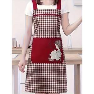 TEMU 체크무늬와 인물 프린트가 있는 통기성 좋고 부드러운 앞치마. 포켓이 달려 있어 젊은 스타일로 디자인되었으며 세탁기 사용이 가능합니다. 모든 계절에 적합하며 여성용품입니다.