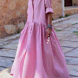 TEMU 시크한 체크무늬 버튼업 맥시 드레스 칼라 포함 - 여성용 캐주얼 롱 여름 셔츠 드레스, 통기성 폴리에스터, 세탁기 사용 가능|여름블라우스