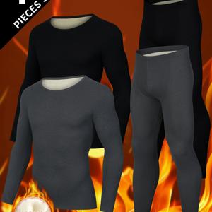 TEMU 남성용 기모 속옷 4종 세트, 겨울 스키용 기모 안감 베이스 레이어, 타이트핏 긴팔 크루넥 상의와 매칭 바지