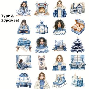 TEMU 20개/세트 빈티지 핸드메이드 크리에이티브 북유럽 스타일 라이트 블루 눈물 쏟는 날 겨울 내구성 좋은 홈 독서 스티커 다이어리 장식 잡지 선물