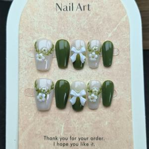 TEMU 순수 수제 벚꽃 리본 그린 중장형 착용 가능한 네일 스티커, 세인트 패트릭 데이를 위한 재사용 가능하고 손상 없는 인조네일