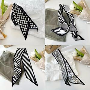 TEMU 여성을 위한 우아한 검은색과 흰색 체크무늬와 줄무늬 긴 스카프 헤어밴드, 빈티지 폴리에스터 헤드밴드, 포니테일, 일상 사용, 세련된 스카프 스타일, 여러 개의 세트