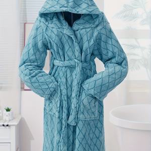 TEMU 그리드 패턴의 후드 코랄 플리스 목욕 가운, 가을, 겨울철 따뜻함을 위한 두꺼운 디자인, 수면용 흡수성 홈웨어