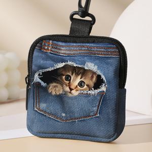 TEMU 1개입, 고양이 패턴 프린트 포켓 월렛, 버클 및 지퍼 포켓 다기능 보관 가방, 동전 수집용 주머니, 여성용