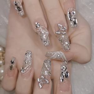 TEMU 반짝이는 나비 롱 네일 24pcs 발레 네일 세미 핸드메이드 네일 반짝이 포인트 글리터 네일 세트 재사용 가능 네일 패치 네일 파일 포함, 파티 선물용 CDZ206 화려하고 눈부신