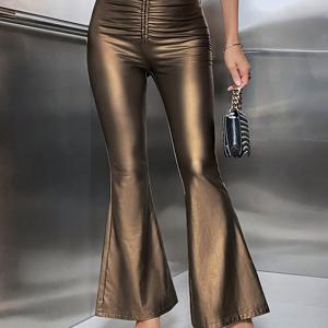 TEMU 여성용 PU 패턴 가죽 신축성 하이웨이스트 플리츠 타이 파티 플레어 레깅스 플레어 트라우저