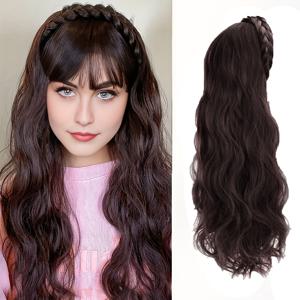 TEMU 여성을 위한 긴 곱슬 가발, 초보자에게 적합, 헤어밴드가 있는 내열성 하프 가발로 일상복으로 사용하여 머리카락 길이를 연장할 수 있습니다.