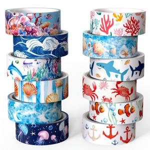 TEMU 바다 테마 와시 테이프 세트. 12롤으로 구성되어 있으며, 해파리, 앵무어, 상어, 조개, 산호의 디자인들이 파란색으로 표현되어 있습니다. 다이어리, 스크랩북, 미술 및 공예, 선물 포장에 적합합니다.
