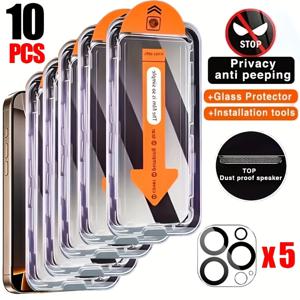 TEMU 아이폰 17/16/15/14/13/12/11/16 프로 맥스/17 프로 맥스/플러스/미니/17 에어용 5팩 풀커버 프라이버시 스크린 보호필름 + 5팩 카메라 렌즈 보호필름, 9H 강화유리, 다이내믹 아일랜드 호환, 스크래치 방지, 지문 방지, 울트라 HD