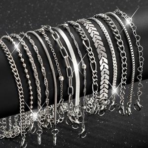 TEMU 하트 모양 비즈, 뱀 체인, 메탈 스타일이 특징인 우아하고 빈티지 디자인 팔찌 15개 세트. 휴일, 파티, 데이트, 일상복으로 완벽합니다.