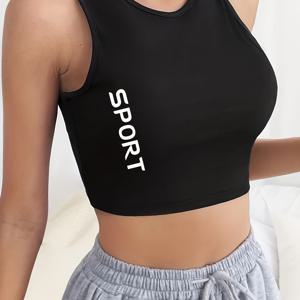 TEMU 여성용 레터 프린트 민소매 크롭 탱크탑, 가정, 피트니스, 여가를 위한 다용도 여름 캐주얼 스웨트셔츠