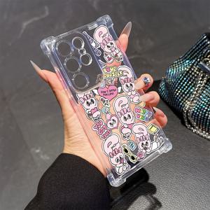 TEMU 핑크 귀여운 토끼 모바일 폰 케이스 갤럭시 S25 S24 S23 S22 S21 S20 FE 울트라 플러스 4G 5G 방탄 투명 소프트 백 커버