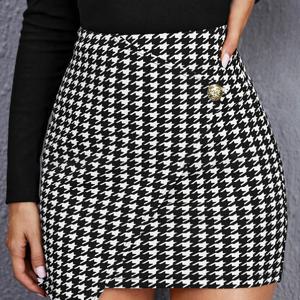 TEMU 우아한 하운드투스 미니 스커트, 여성용 옆 단추 디테일, 니트 폴리에스터 블렌드(폴리에스터 95%, 엘라스테인 5%), 다재다능한 올 시즌 스타일