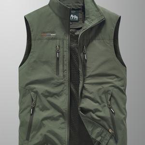 TEMU 새로운 봄/여름 캐주얼 민소매 낚시 조끼, 다용도 포켓, 단색 스탠드업 칼라 조끼 (사진 및 낚시용), 신축성 없는 원단, 가벼운 아웃도어 공구 재킷 (폴리에스터 안감)