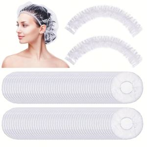 TEMU 일회용 샤워 캡 100개 세트, 여성용 더 큰 두꺼운 투명 고품질 플라스틱 탄력 헤어 목욕 캡, 호텔 여행 필수품 액세서리 딥 컨디셔닝 헤어 케어 클리닝 용품