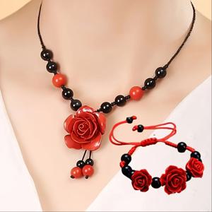 TEMU 빈티지 레진 장미 펜던트 목걸이 세트 2개 (목걸이와 팔찌 포함), 우아한 빨간 장미 디자인, 조절 가능한 사이즈, 어버이날 및 발렌타인데이 선물, 사계절 여성용 주얼리, 파티 선물에 적합