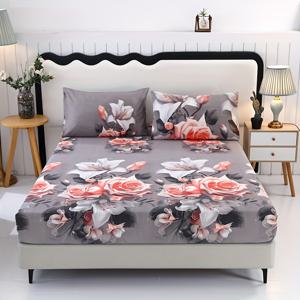 TEMU 폴리에스터 프린트 플로럴 소프트 피부 친화적 피트드 시트 세트 3개, 피트드 시트 1개와 베개커버 2개 포함, 침실 및 게스트룸에 적합