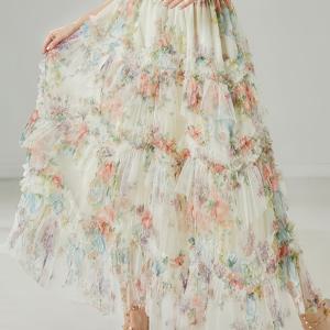 TEMU 꽃무늬와 러플 헴이 있는 우아한 플러스 사이즈 튤 미디 스커트 - 하이 웨이스트, 신축성이 없는, 기계 세척 가능 - 캐주얼하고 공식적인 행사에 적합한 다목적 올 시즌 A 라인 스커트, 플레어 헴, A 라인 스커트