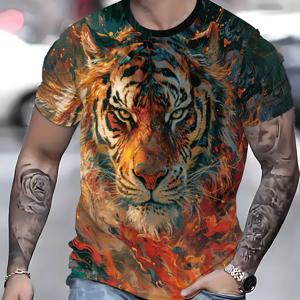 TEMU 3D 프린팅으로 스타일리시한 호랑이 디자인이 돋보이는 남성용 티셔츠입니다. 생생한 호랑이와 에너쥬틱한 추상 배경이 있는 원단으로 제작되었습니다. 이 반팔 셔츠는 강력한 예술적 감각을 풍겨냅니다.