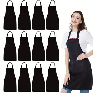 TEMU 대량 구매용 블랙 폴리에스터 캔버스 앞치마 - 전면 포켓, 조절 가능한 목끈 | 내구성 있고 관리가 쉬운 주방/그릴링/요리/공예용품 | 필수적인 프로페셔널 셰프웨어 & 홈쿡을 위한 실용적이고 튼튼한 디자인