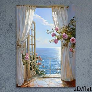 TEMU 2D 플랫, 2D 플랫, 편안한 해상 프린트 - 핑크 장미와 평온한 파란 물결이 특징인 로맨틱한 바다뷰, 가정 장식에 완벽한 액자형 벽걸이 예술, 해안 예술 애호가를 위한 이상적인 선물, 걸 수 있는 해변 테마 장식