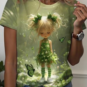 TEMU 여성용 캐주얼 반팔 티셔츠 - 그린 엘프 & 나비 꽃무늬, 100% 폴리에스터 기계 세탁 가능, 라운드 넥 봄 여행 및 캐주얼 의상, 계절별 옷차림, 환상적인 디자인, 쉬운 관리, 프린트 탑, 패션 애호가