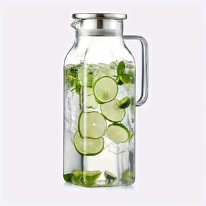 TEMU 뚜껑과 주둥이가 있는 2쿼트(2리터 68온스) 사각 유리 물병, 냉장 보관에 적합한 손잡이가 있는 물용으로 디자인되었습니다. 뜨겁거나 차가운 음료 모두를 위해 붕규산 유리 재질로 제작되었으며, 아이스 티, 커피, 주스, 우유에 이상적입니다.