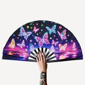 TEMU 13인치 형광 접이식 야광 네온 나비 손등 - 별과 물 반사 디자인 - 대형 페스티벌용 (레이브, 클럽, 콘서트, , 결혼식, 코스프레, 댄스쇼, 테마 파티, 의상, 선물, 룸 데코)